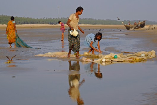 Washing and scouring the nets for small fish as the sun goes down