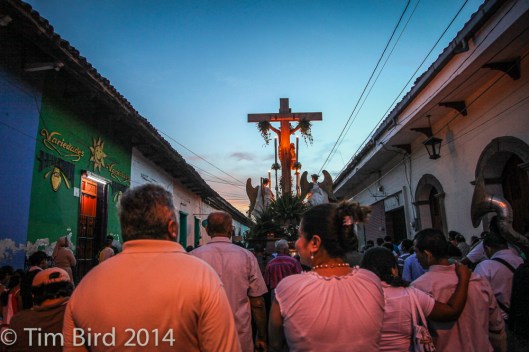 Festival procession makes its way to the cathedral square in Leon.