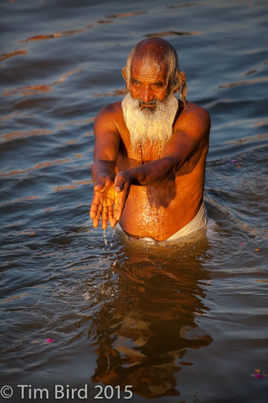 A bather in the Ganges at sunrise on the main day of the Hindu Kumbh Mela festival at Allahabad.